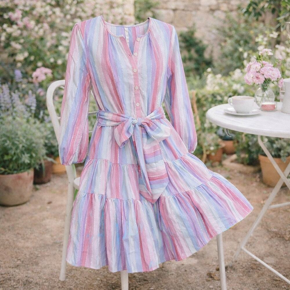 J.Crew Re-Imagined Pastel Stripe Metallic Thread Tiered Belted Dress XS - Picture 2 of 8